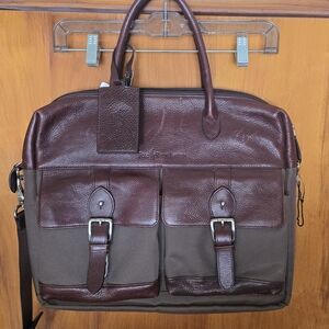 Polo Ralph Lauren Leather Canvas Heritage Logo Messenger Laptop Bag Brown Khaki